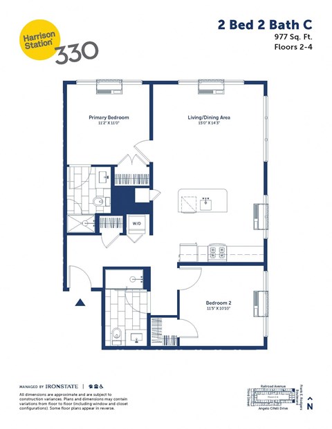 Floor plan for 2 beds, 2 baths, 977 sqft